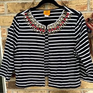 Ruby Rd. -Women’s Black & White Stripe- Open Jacket with Collar Beading- Sz PL